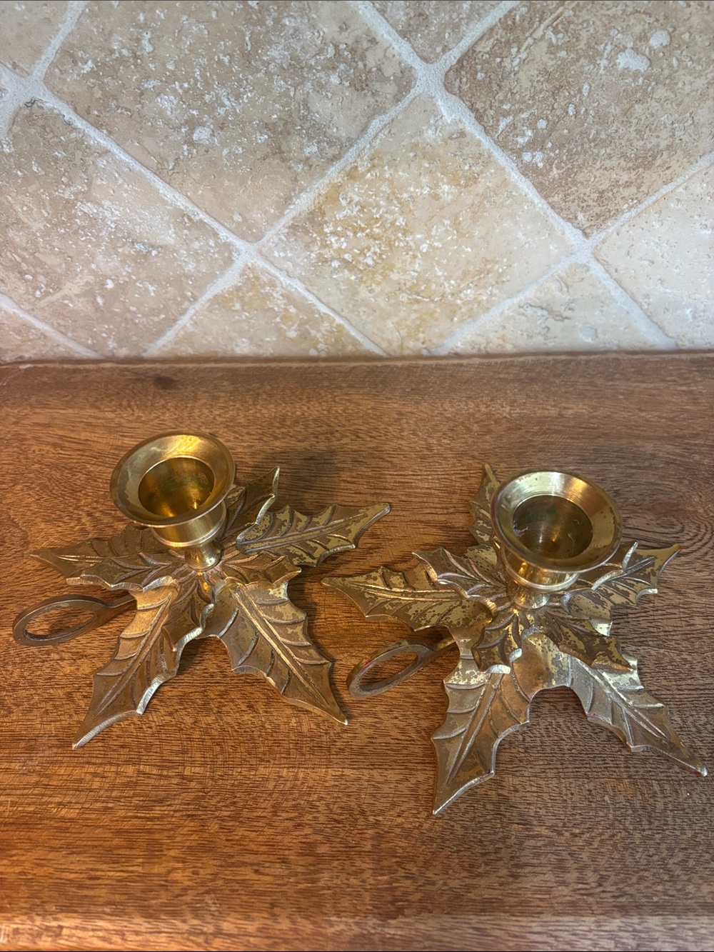 Vintage Brass Holly Leaf Candlestick Holders - Pair